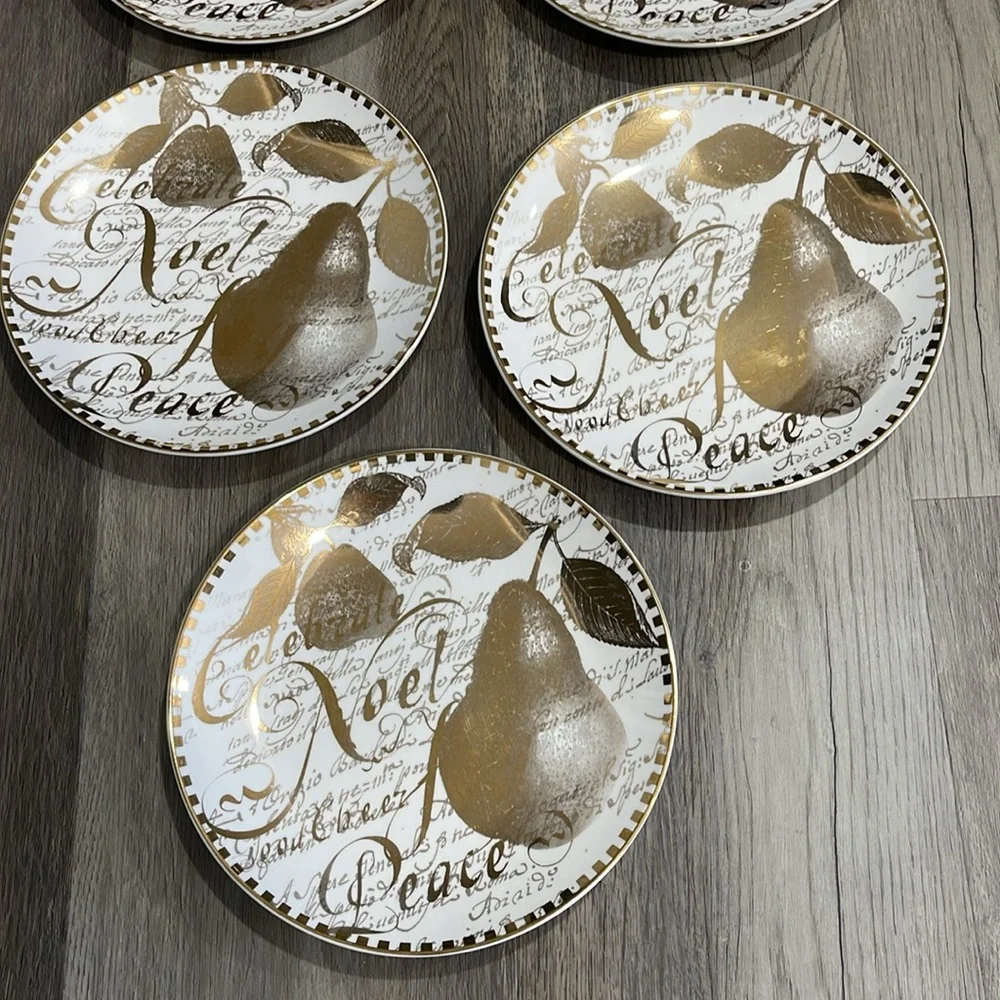 Restoration Hardware Christmas 8”Plates Holiday Gold Pear Noel Peace Set